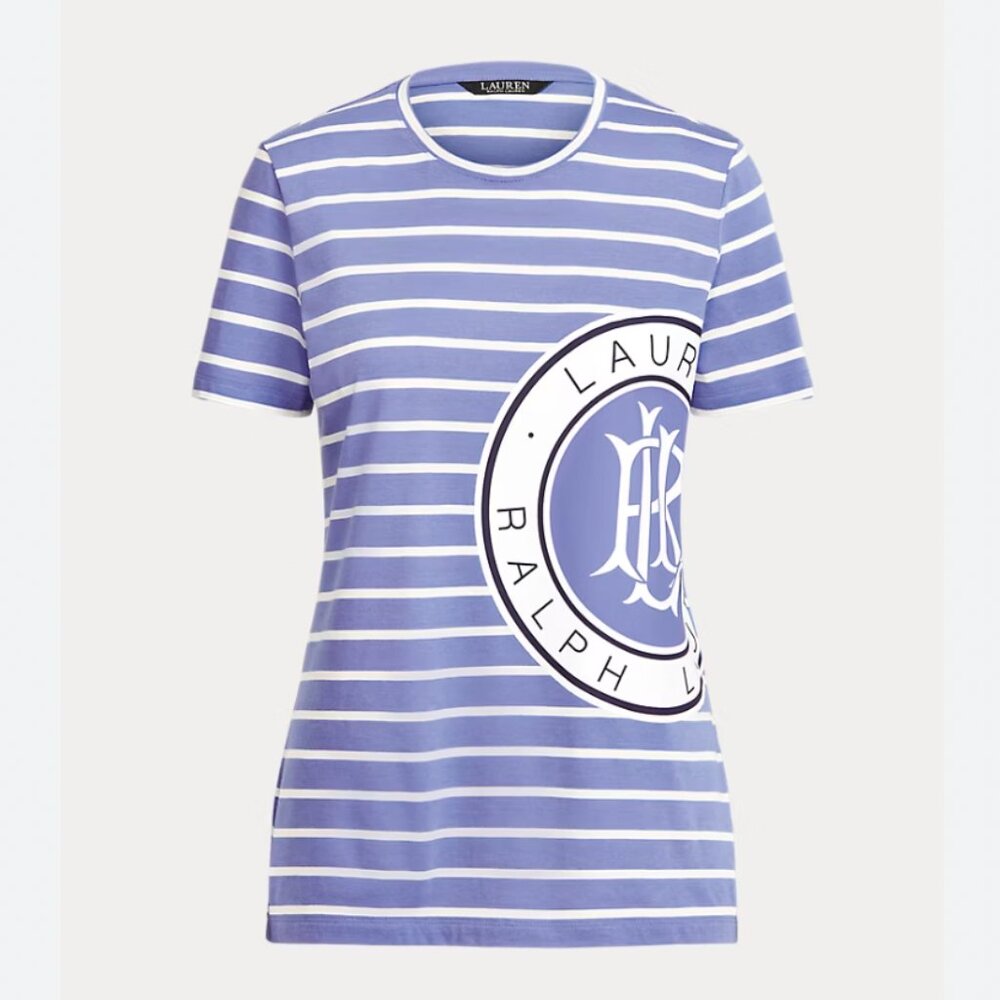 LAUREN RALPH LAUREN Women Small Preppy Striped Graphic Logo Cotton-Blend Tee